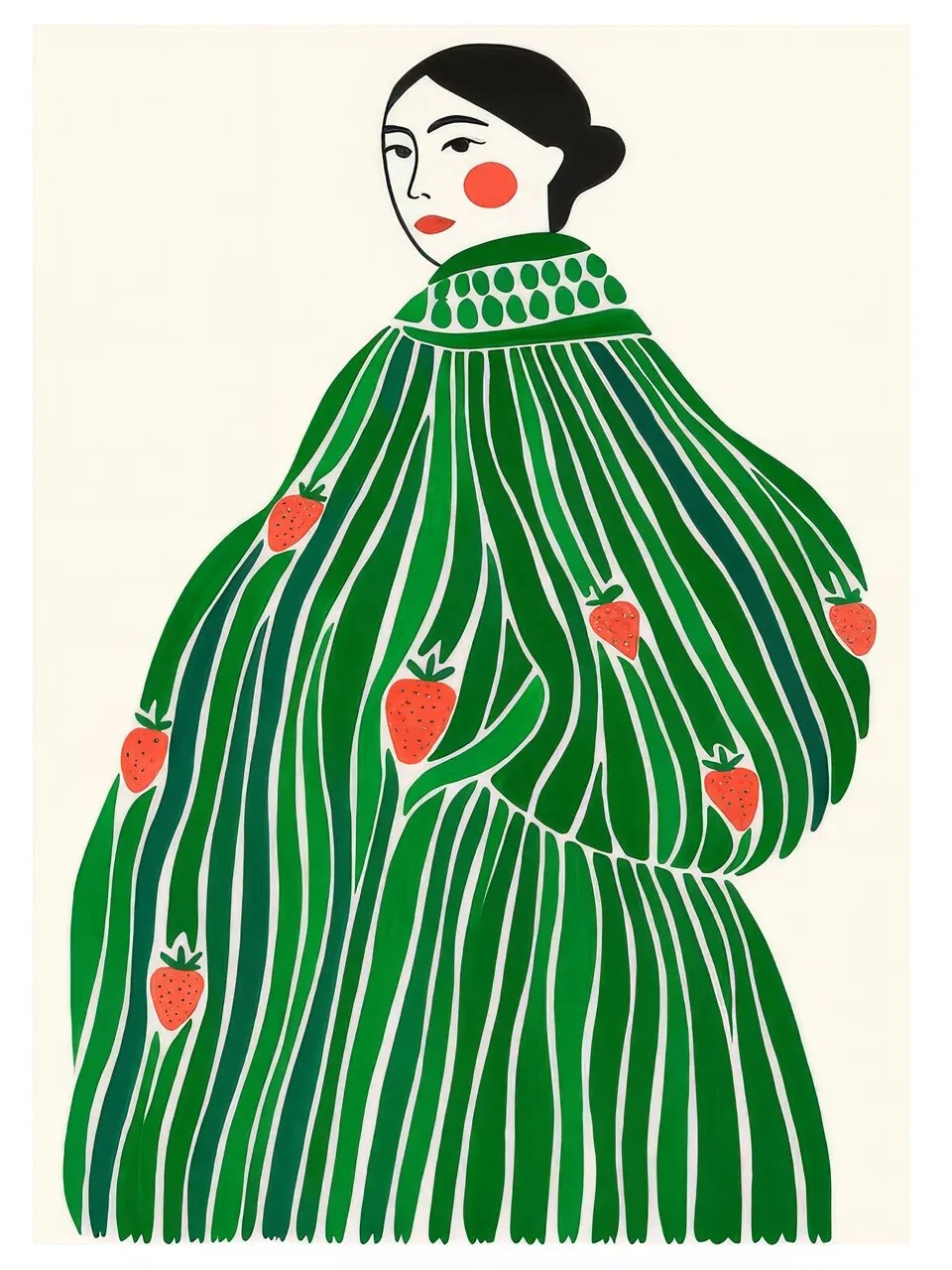 Onlly poster, Woman in a Green Striped Outfit: A woman with a dark bob wears a green striped top with small red motifs.