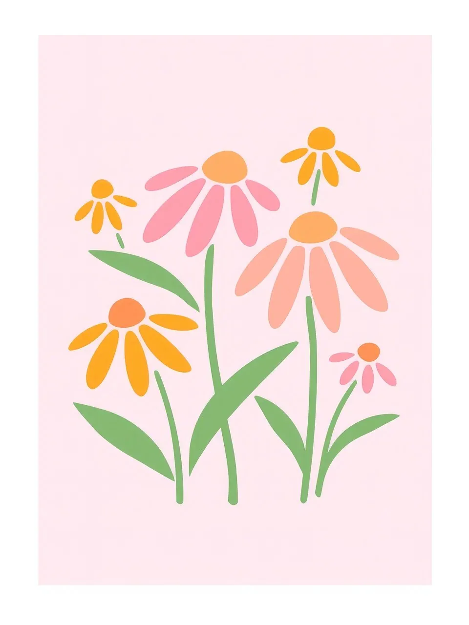 Onlly poster, Daisies on Blush Pink: Small pink, orange and yellow flowers grow on a pale rosy ground.
