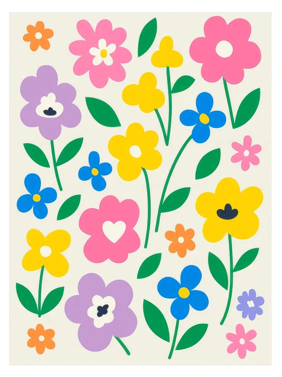 Onlly poster, Colourful Folk Flower Pattern: Bright pink, blue, yellow and purple flowers repeat on a pale background.