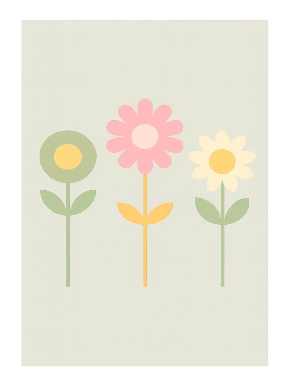 Onlly poster, Simple Flowers on Sage: Three stylized flowers in pale pink, yellow and grey-green stand on a muted ground.