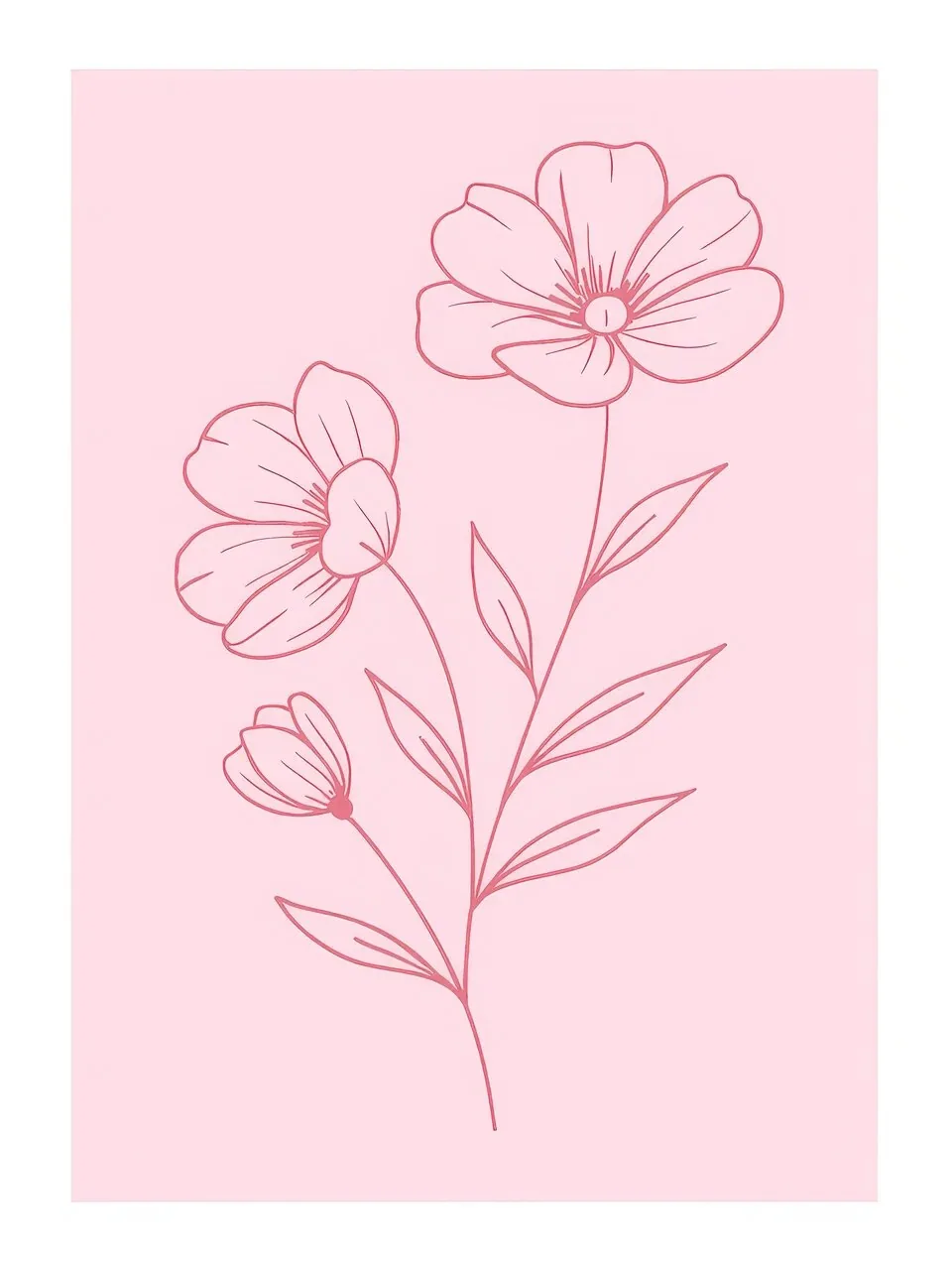 Onlly poster, Fine Pink Flower Drawing: A delicate line drawing of a small blossom and leaves sits on blush pink.