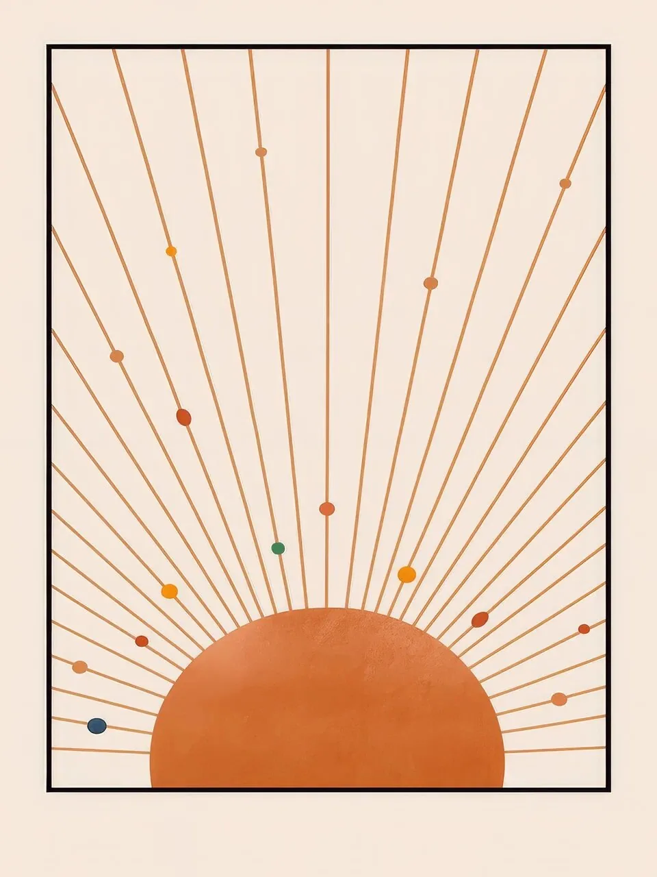 Onlly poster, Sunburst in a Fine Frame: A low golden sun sends fine rays upward within a delicate rectangular border.