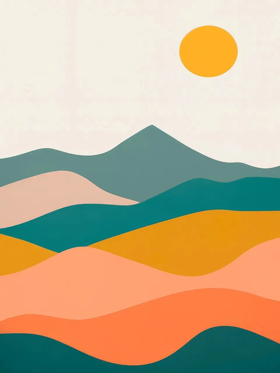 Onlly poster, Layered Hills at Sunset: Bands of teal, ochre, coral and pink form a simple rolling landscape beneath a golden sun.