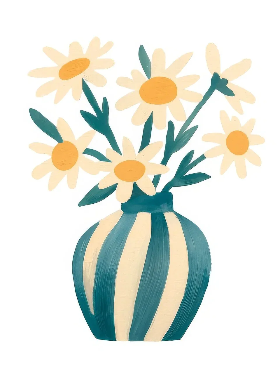 Onlly poster, Daisies in a Blue Striped Vase: A blue-and-white striped vase holds a loose bouquet of pale daisies.