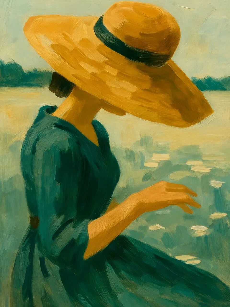 Onlly poster, Woman in a Wide-Brimmed Hat: A figure in a golden hat sits in a sunlit landscape of green and ochre.