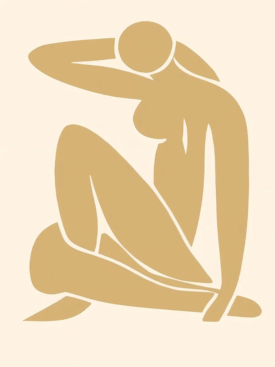Onlly poster, Seated Figure in Ochre: A simplified seated figure is drawn in soft golden lines on cream.