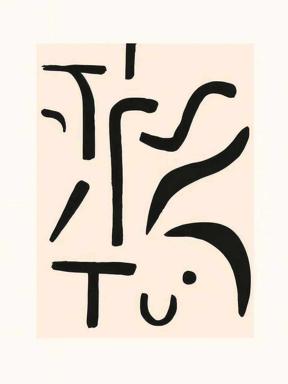 Onlly poster, Black Abstract Calligraphy: Expressive black brush-like characters and lines fill a pale ground.