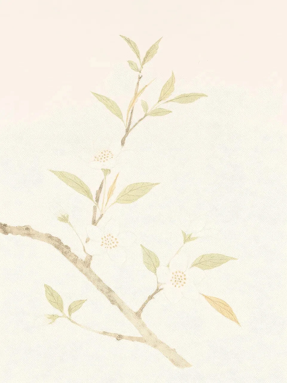Onlly poster, Pale Branch in the Breeze: Fine ivory leaves and small buds extend from a slender branch.
