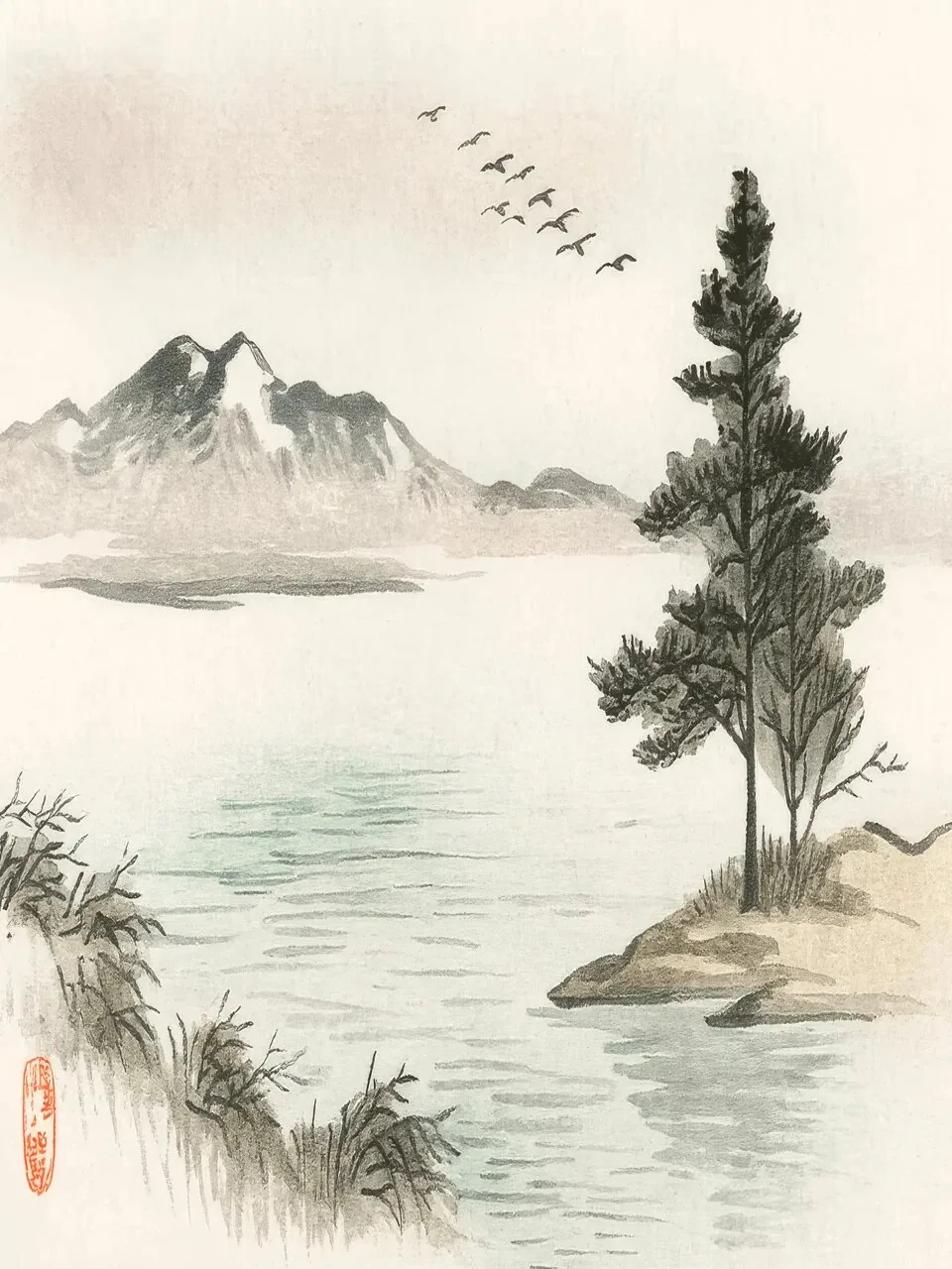 Onlly poster, Pine and Water in Ink: A spare ink landscape shows a pine tree beside still water and distant hills.
