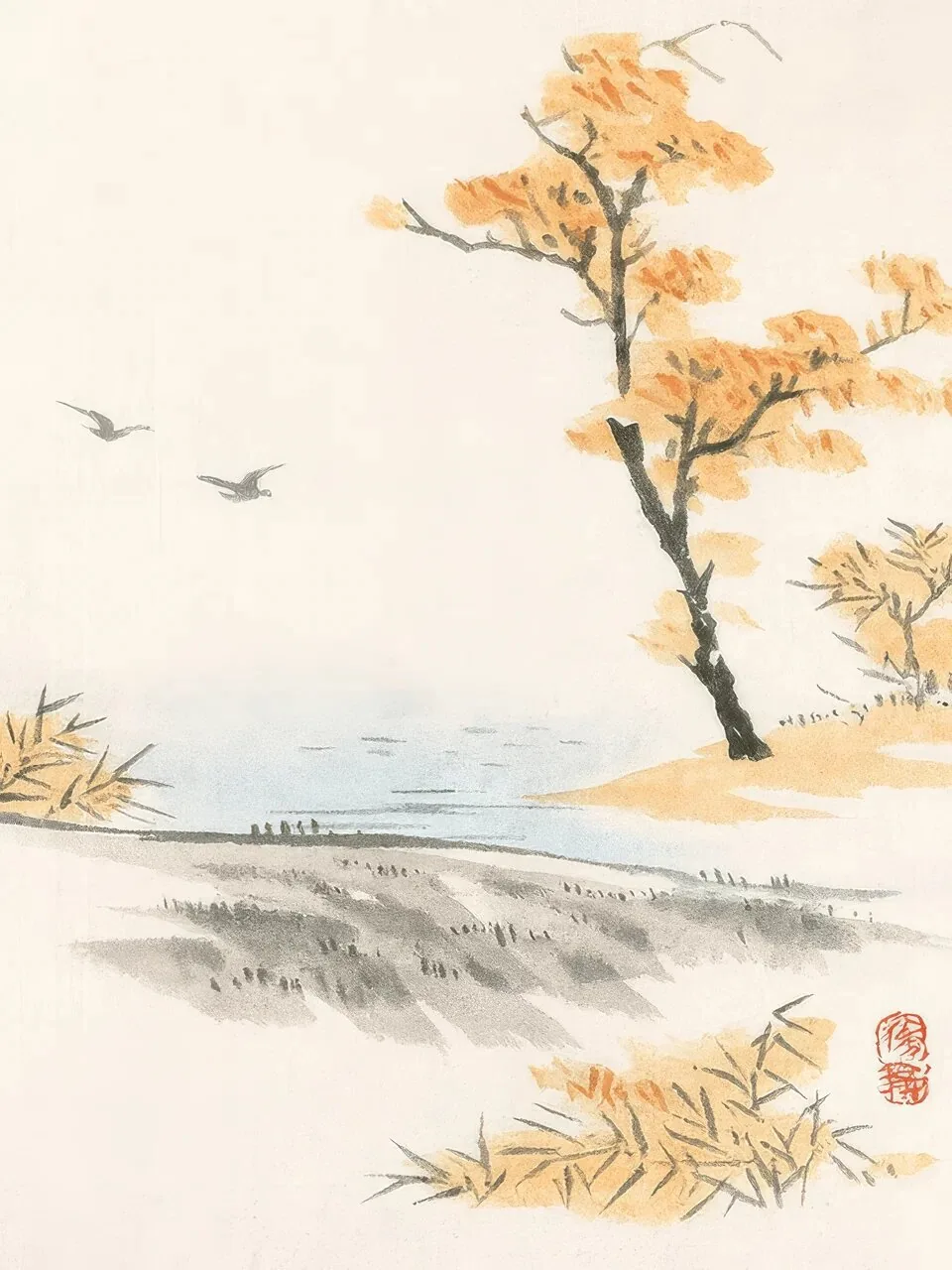 Onlly poster, Autumn Tree beside a Lake: A single golden tree stands over pale water with grasses along the bank.