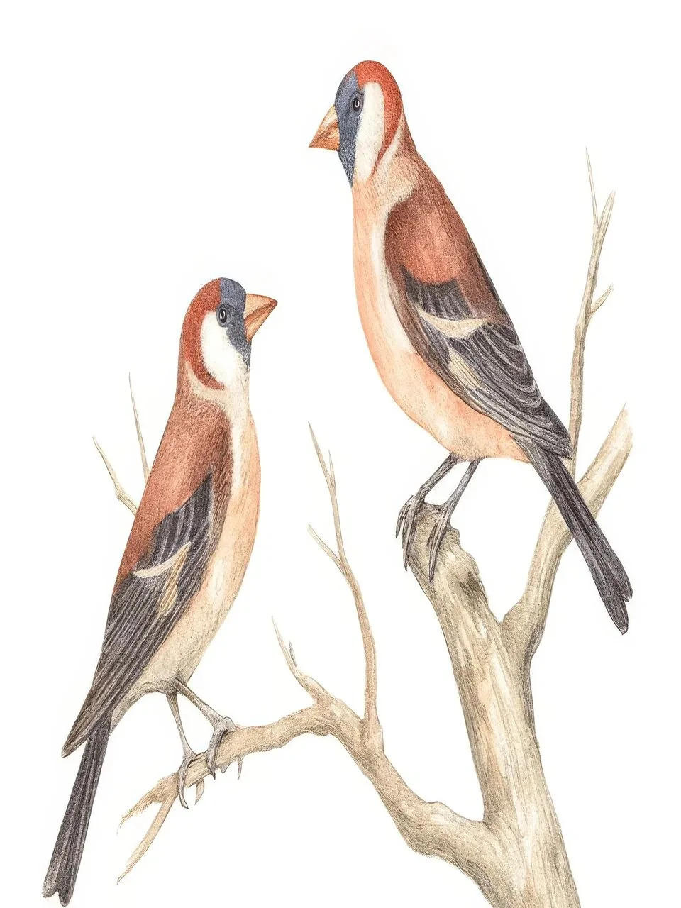Onlly poster, Two Birds on Bare Branches: Two softly coloured birds perch on branching twigs.