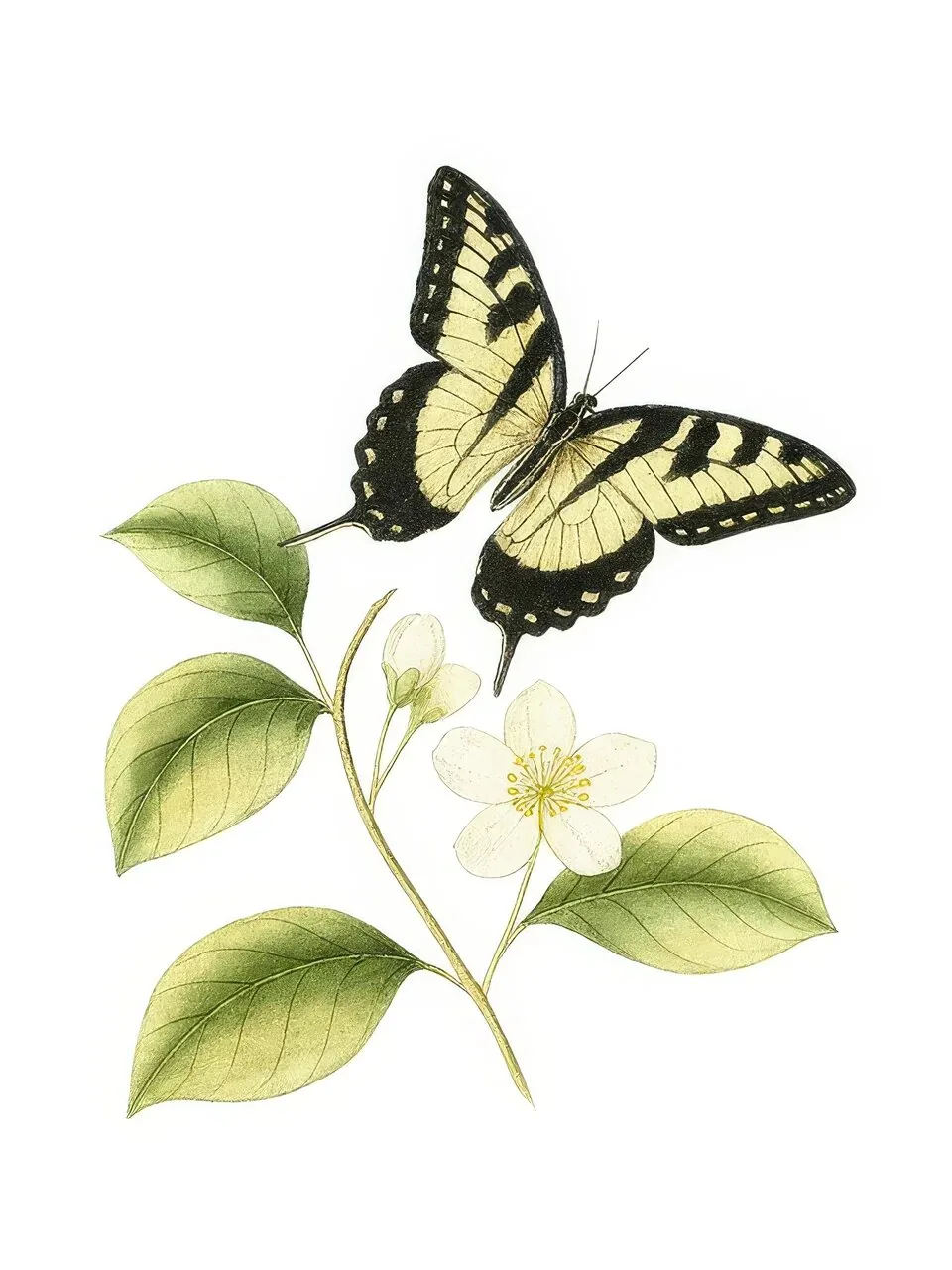 Onlly poster, Butterfly among White Flowers: A yellow-and-black butterfly hovers above pale blossoms and fresh leaves.