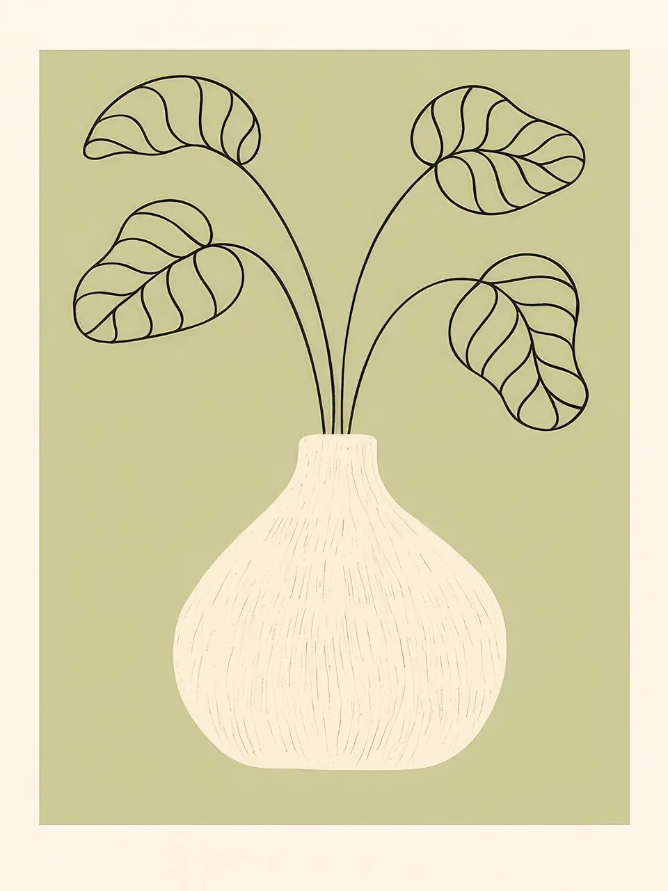Onlly poster, Leaves in an Olive Vase: A small plant with round leaves rises from a soft green geometric vessel.