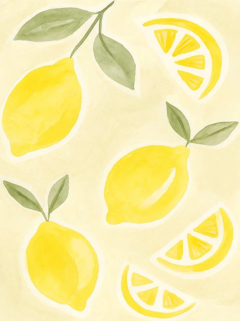 Onlly poster, Lemons and Slices: Whole lemons and bright citrus slices with green leaves are scattered across pale yellow.