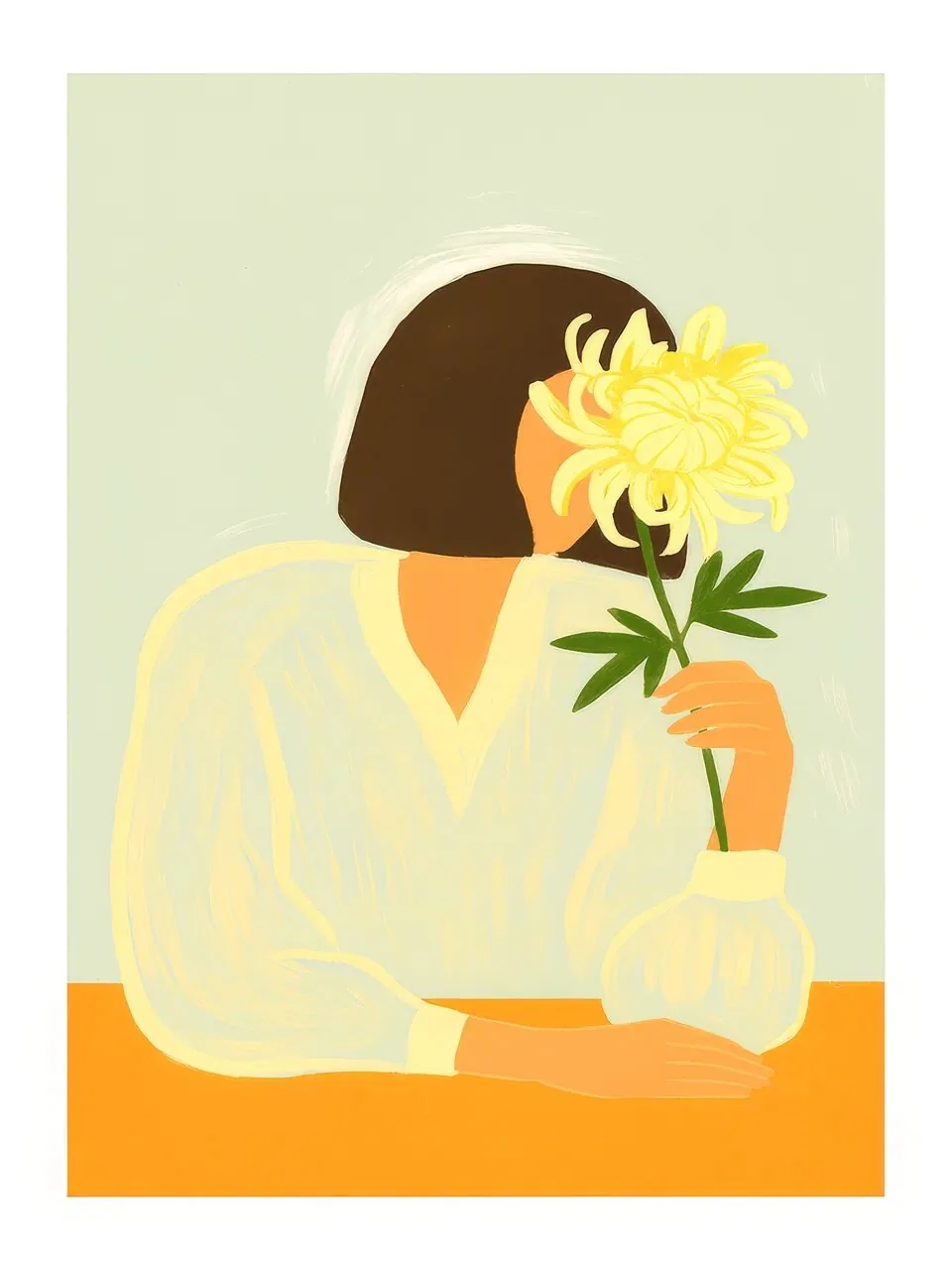 Onlly poster, Woman Holding a Yellow Flower: A woman in a pale blouse holds a bright yellow bloom close to her face.