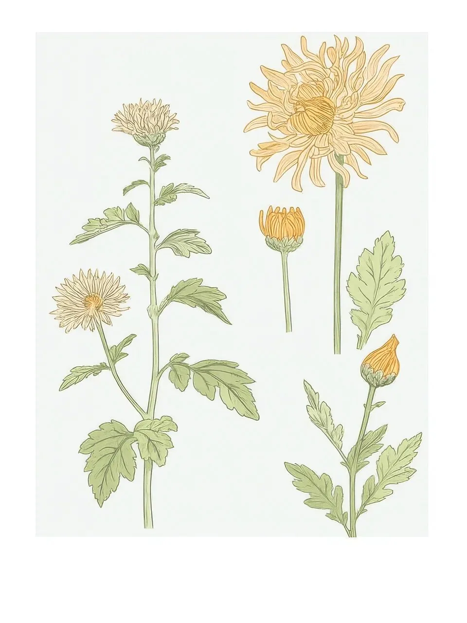 Onlly poster, Chrysanthemum Study with Label: A botanical plate shows fine yellow and orange chrysanthemums with small printed lettering.