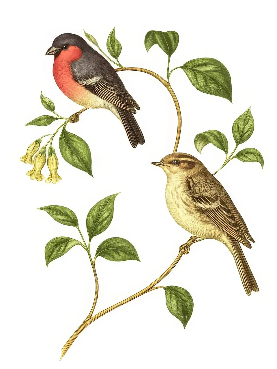 Onlly poster, Two Birds among Green Leaves: A pair of colourful birds perch on leafy branches.