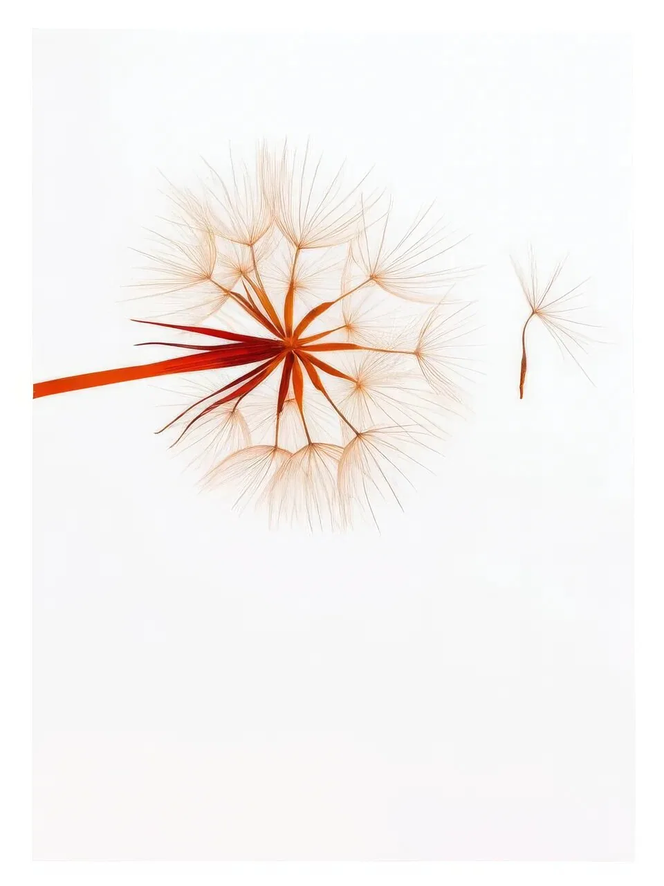 Onlly poster, Dandelion Seed Head: A delicate seed head releases fine feathery seeds across white.