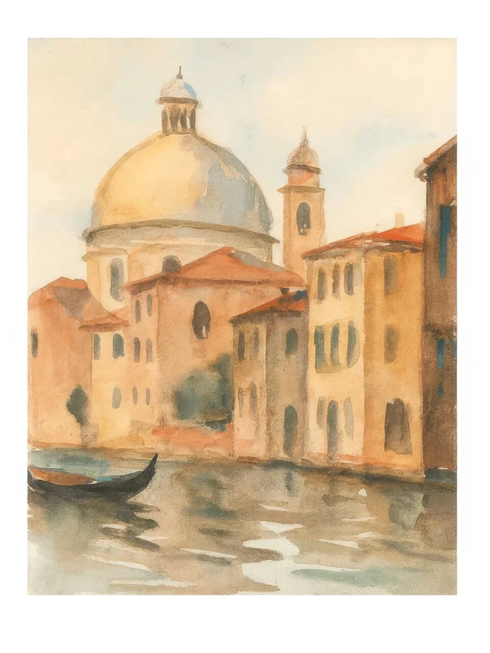 Onlly poster, Venetian Canal and Dome: A warm-toned cityscape shows a domed building beside a Venetian canal.