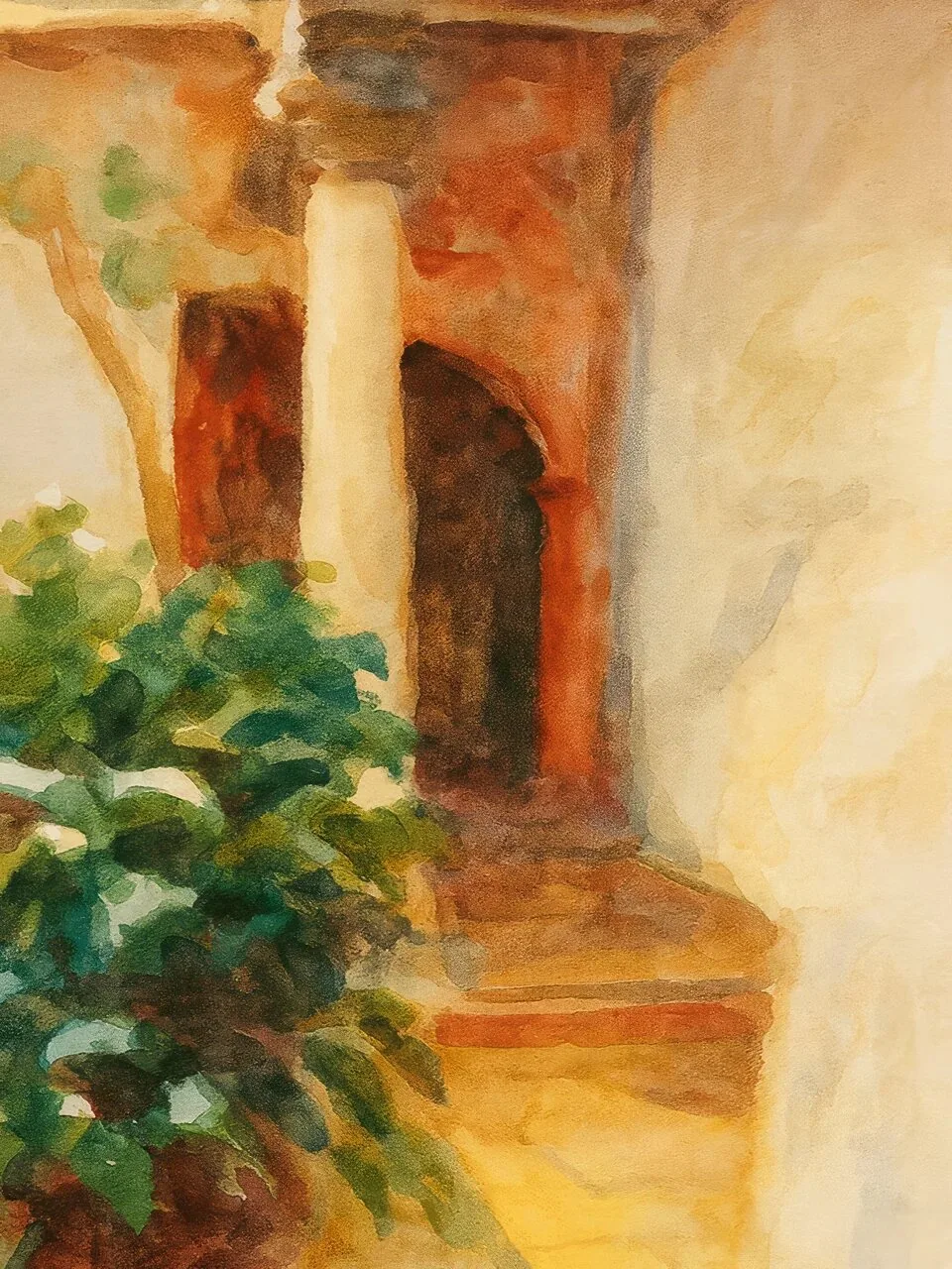 Onlly poster, Sunlit Stone Doorway: A softly painted doorway is framed by warm stone, greenery and shadow.
