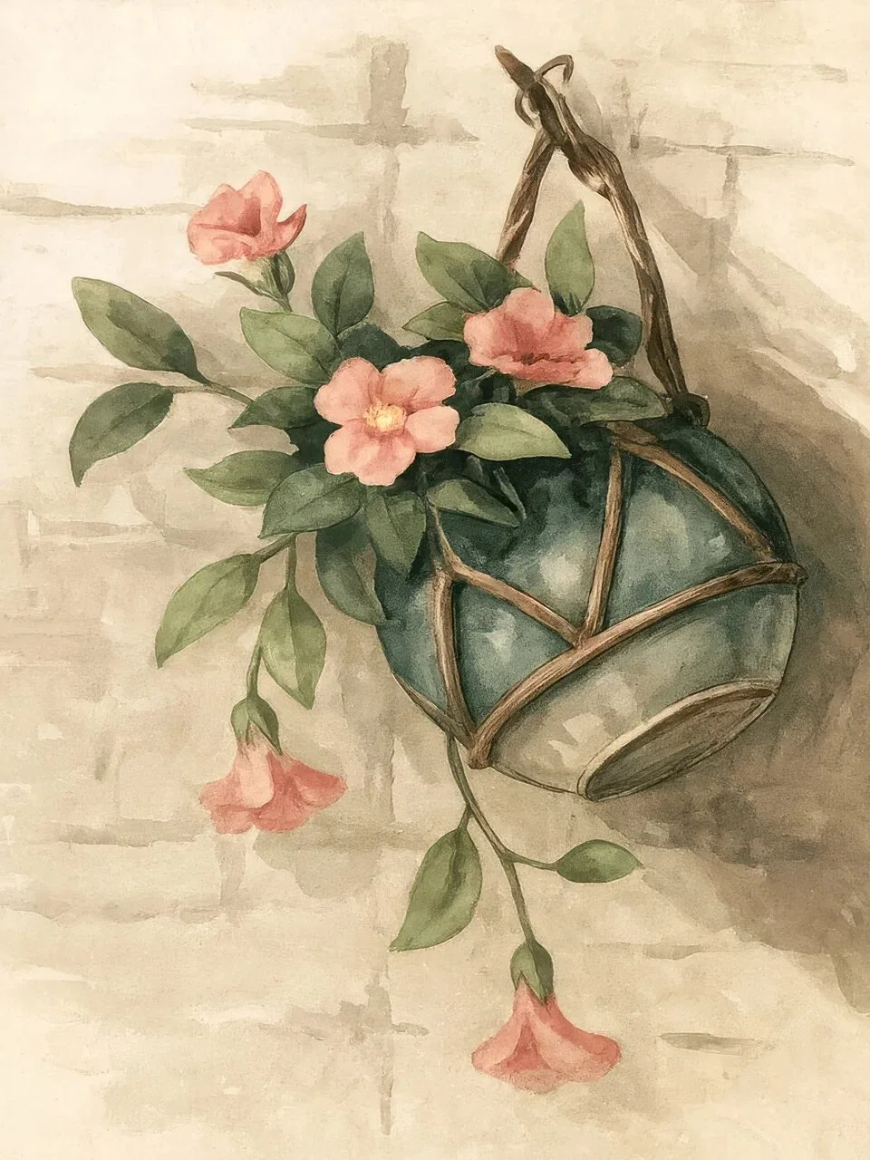 Onlly poster, Pink Blossoms in a Basket: A rustic vessel holds soft pink flowers and green leaves.
