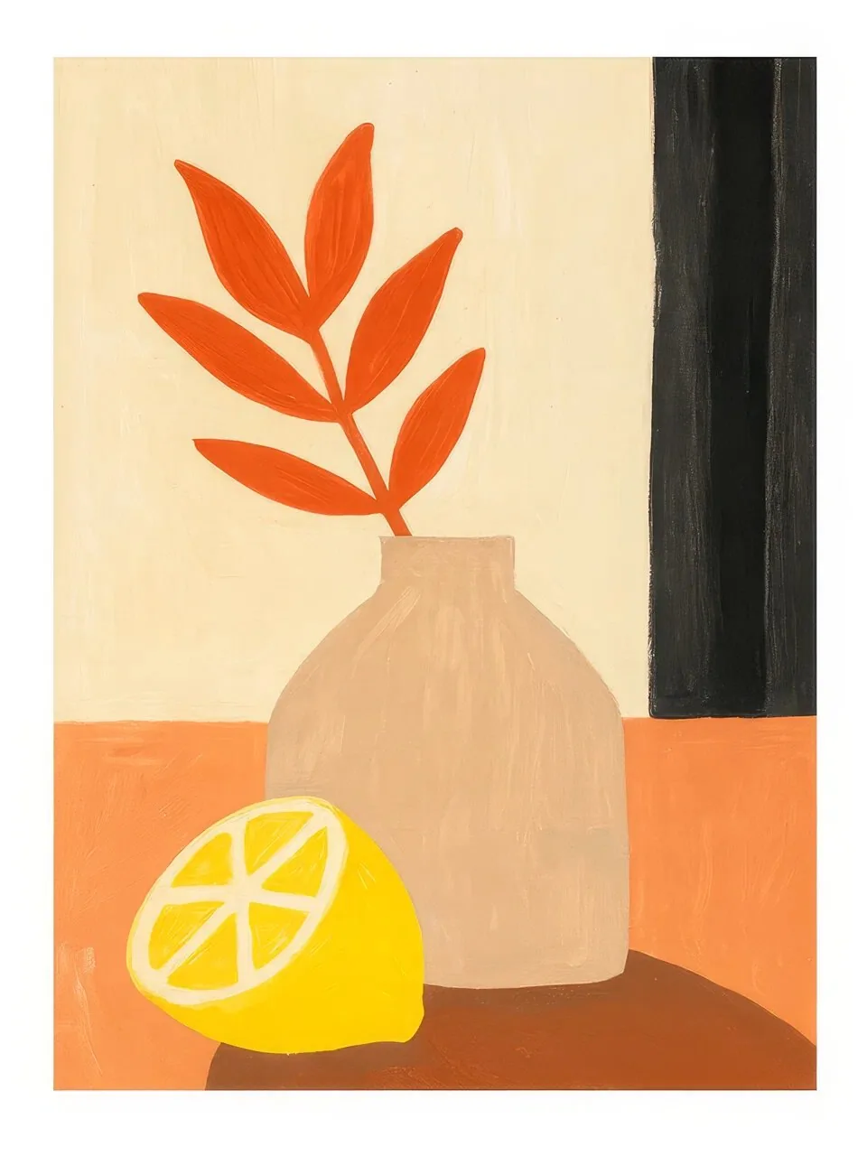 Onlly poster, Lemon and Vase Still Life: A pale vase, green leaves and lemon sit together on a warm tabletop.