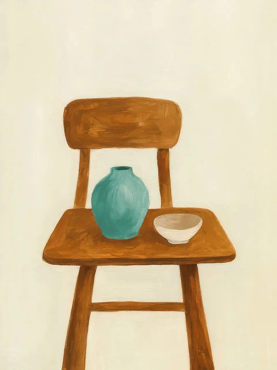 Onlly poster, Chair with a Small Vase: A wooden chair holds a small blue-green vase in a softly rendered interior.