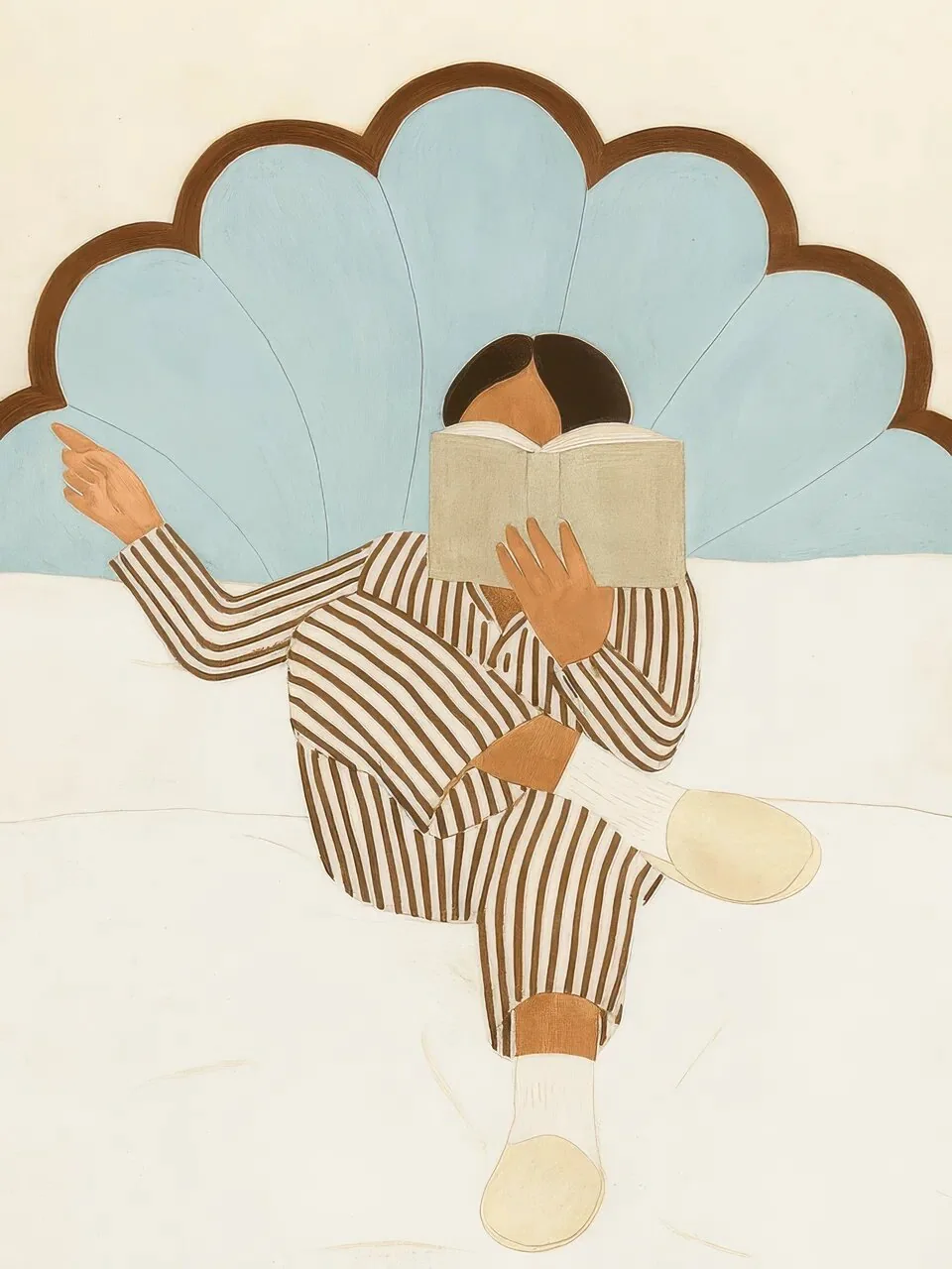 Onlly poster, Figure among Soft Clouds: A small striped figure floats or leaps beneath rounded pale clouds.