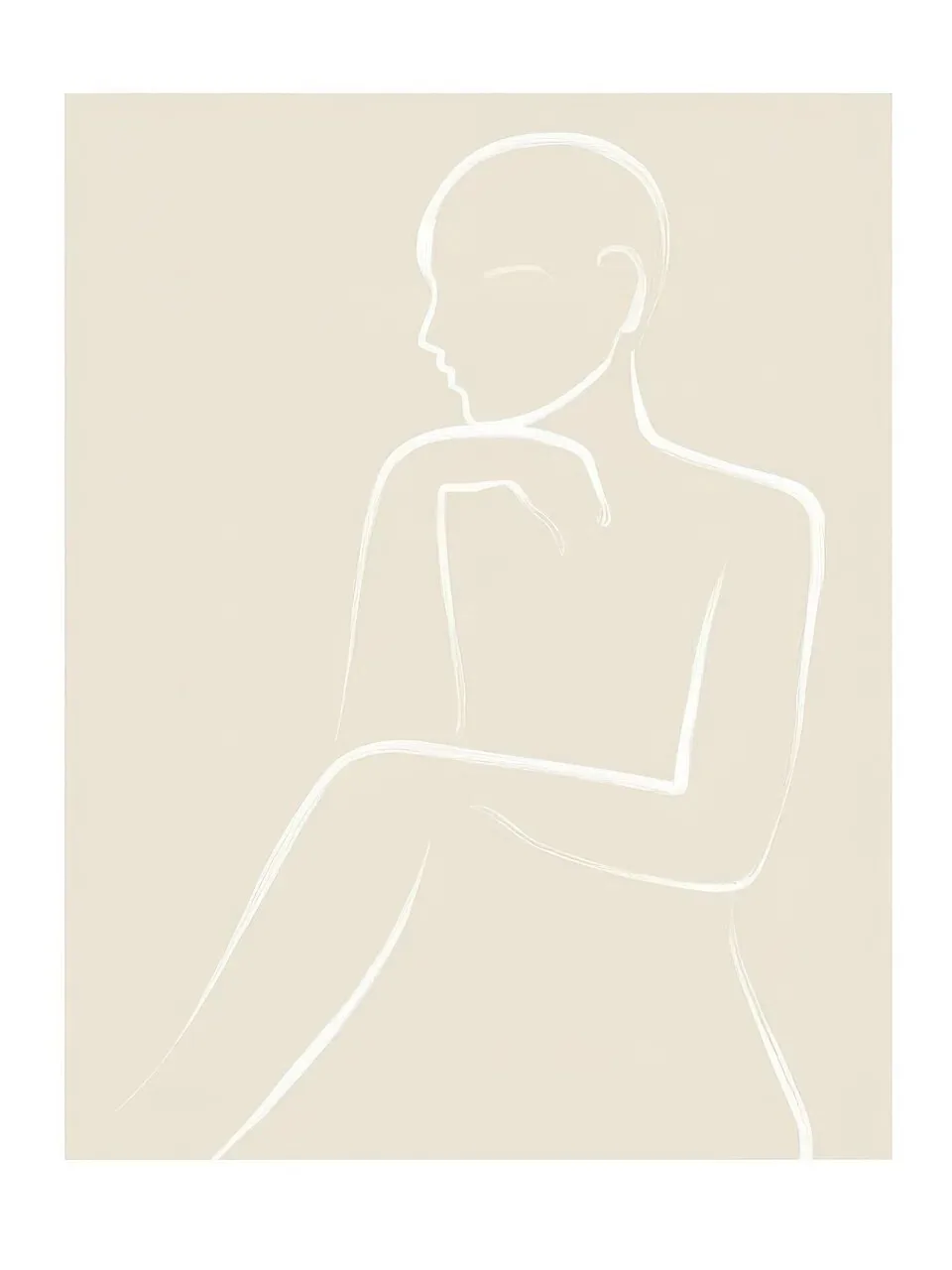 Onlly poster, Seated Figure in White Line: A thin white outline traces a seated figure on a pale beige ground.
