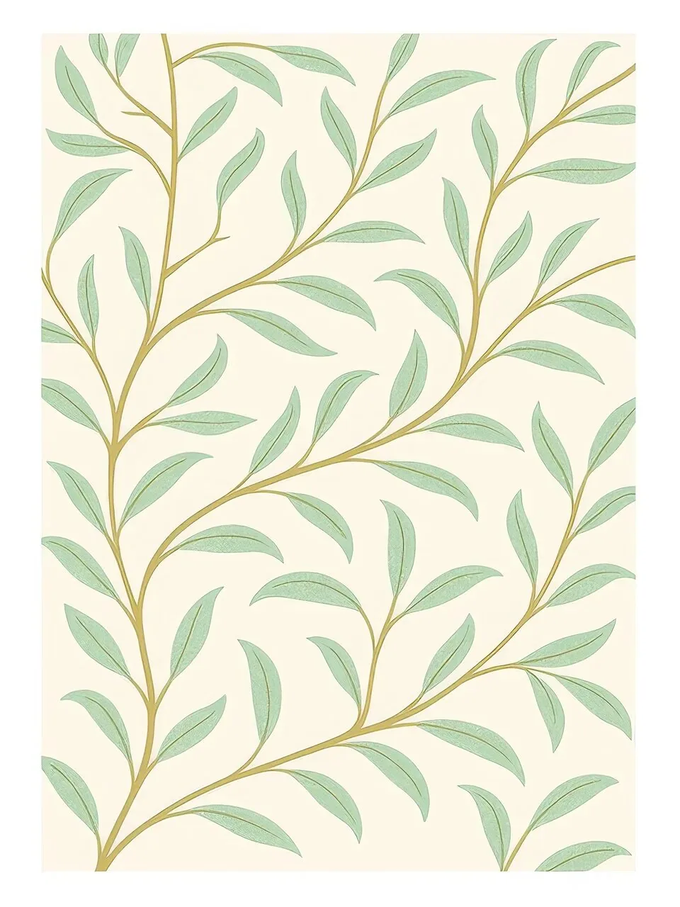 Onlly poster, Branch with Green Leaves: A delicate green branch with small alternating leaves is drawn on cream.