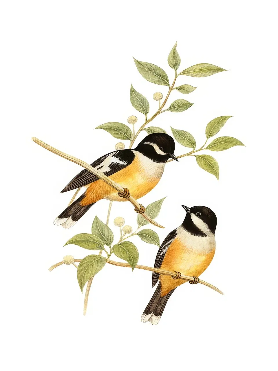 Onlly poster, Small Birds on a Branch: Two colourful birds perch among thin green leaves on pale paper.