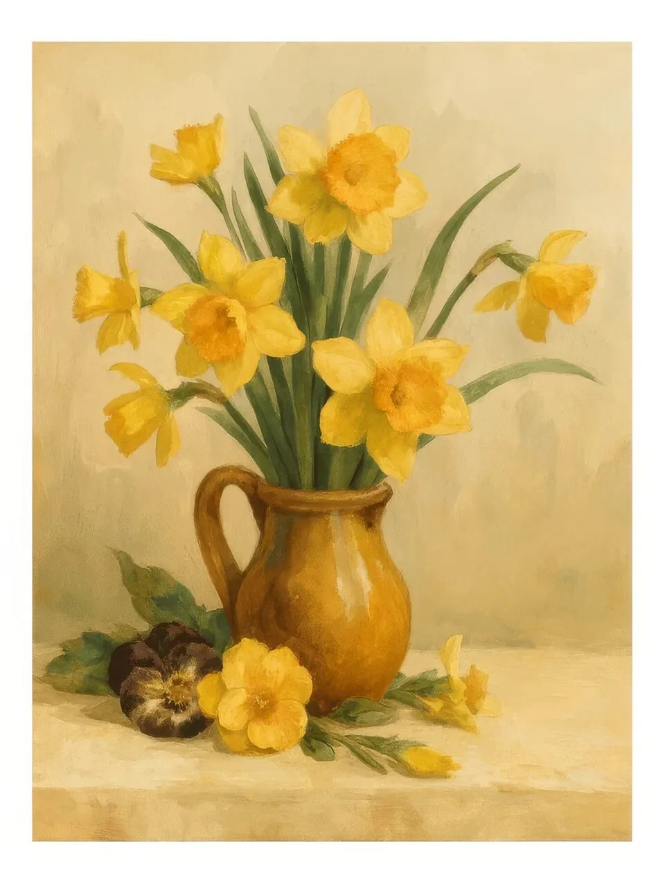Onlly poster, Yellow Flowers in a Rustic Vase: A loose bouquet of yellow blooms and foliage fills an ochre vessel.