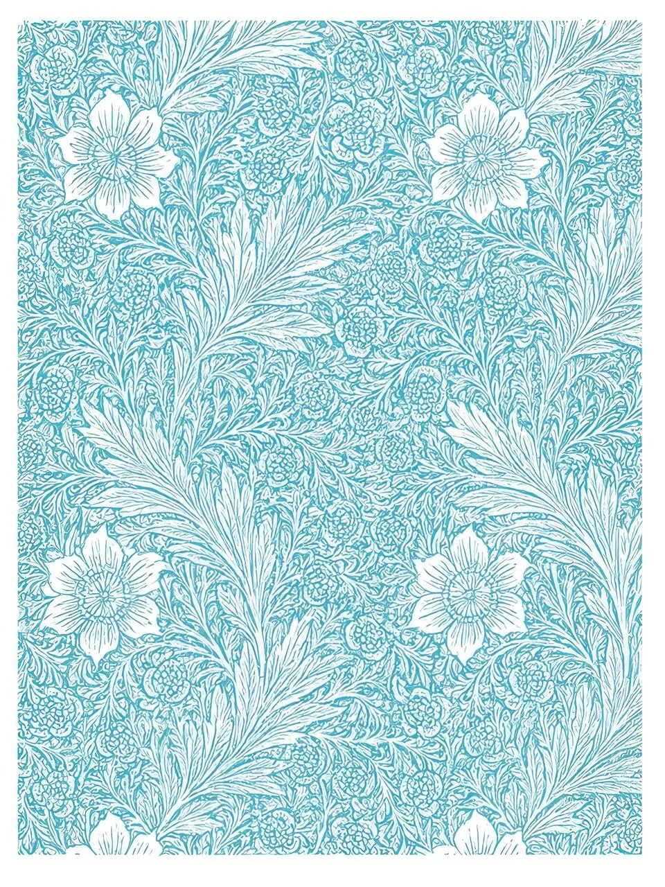 Onlly poster, Blue Floral Pattern on Pale Aqua: Small white flowers repeat in a delicate ornamental pattern.