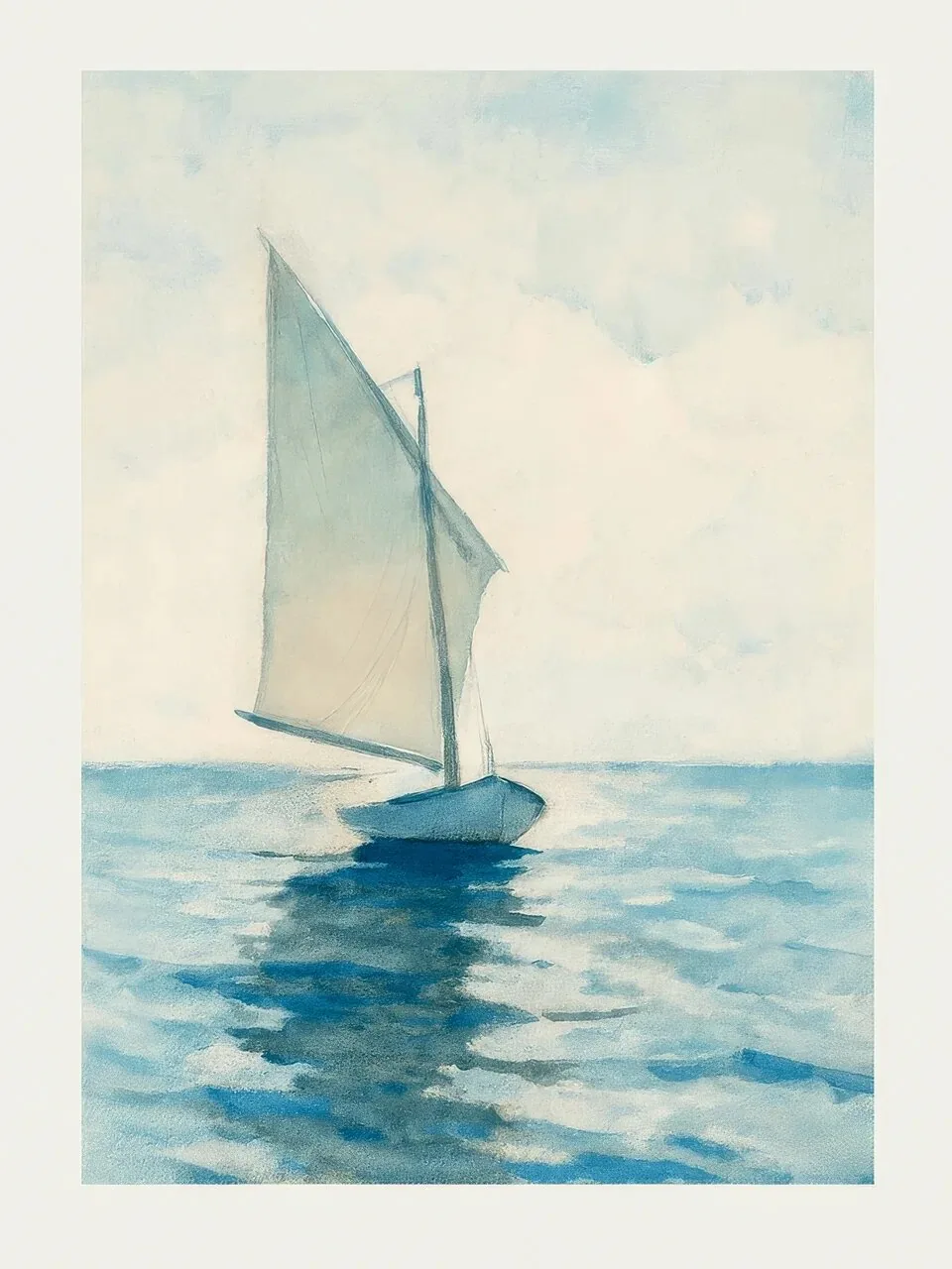 Onlly poster, Sailboat on Open Water: A small sailboat drifts across pale blue sea beneath a soft sky.