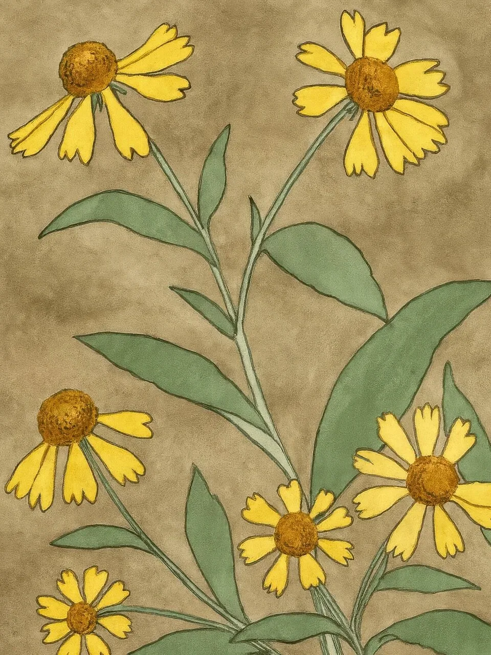 Onlly poster, Yellow Wildflowers on Green: Several golden flowers and broad green leaves fill a warm botanical composition.