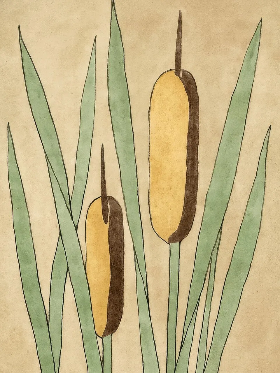 Onlly poster, Cattails beside the Water: Tall cattails and narrow leaves rise against a muted blue-grey ground.