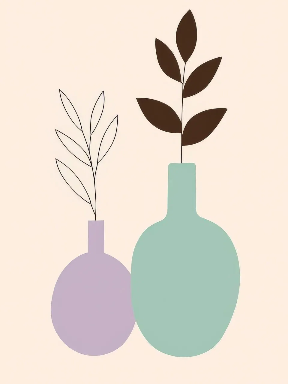 Onlly poster, Two Pastel Vases and Branches: A pair of lavender and mint vessels hold spare botanical sprigs.