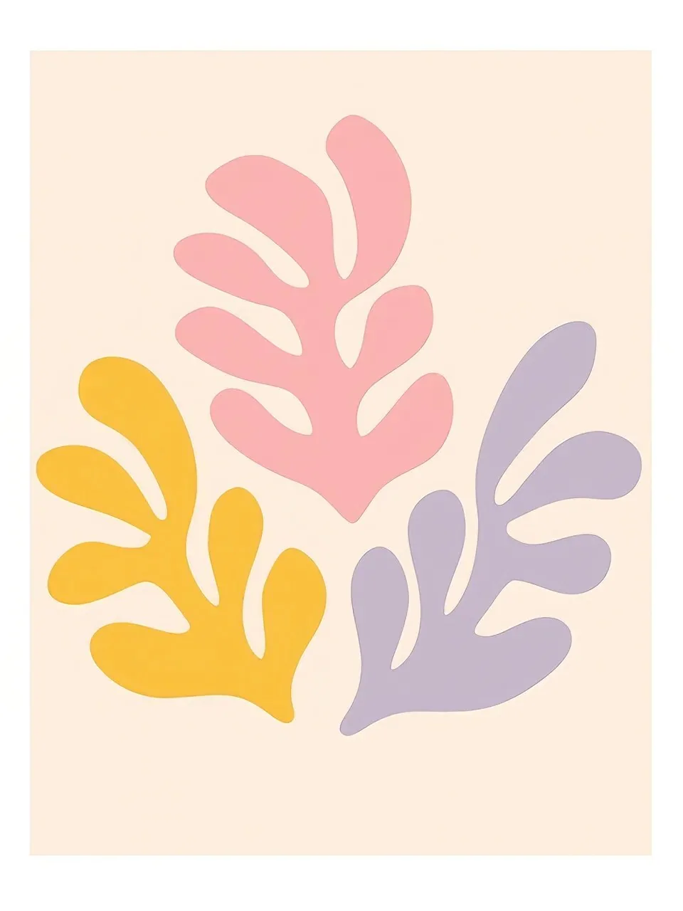 Onlly poster, Pastel Leaf Forms: Abstract botanical shapes in pink, yellow, blue and lavender float on cream.