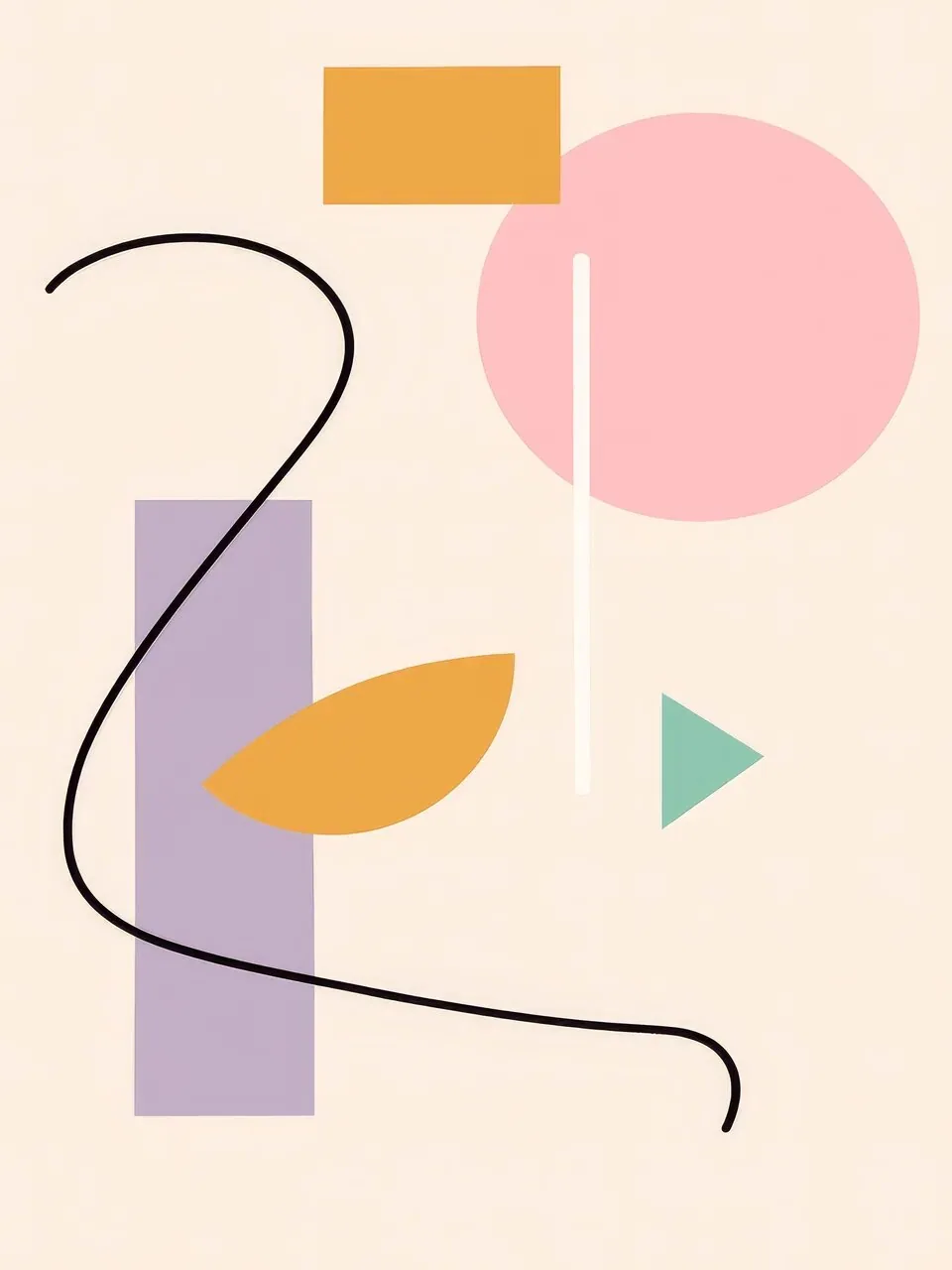 Onlly poster, Abstract Line and Colour Shapes: A fine black line loops past pink, yellow and lavender geometric forms.
