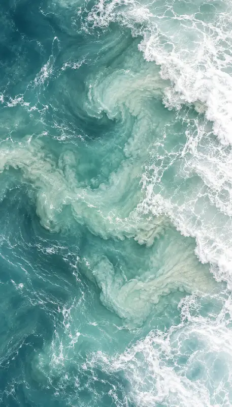 Aerial view of turquoise sea swirling into white foam along the shoreline.