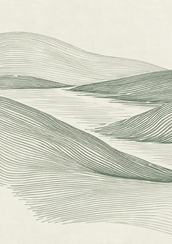 Sage-green fine lines form rolling hills on a pale cream background.