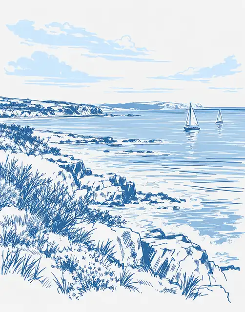 Blue ink-style drawing of a rocky coastline with grasses and two sailboats on the water.