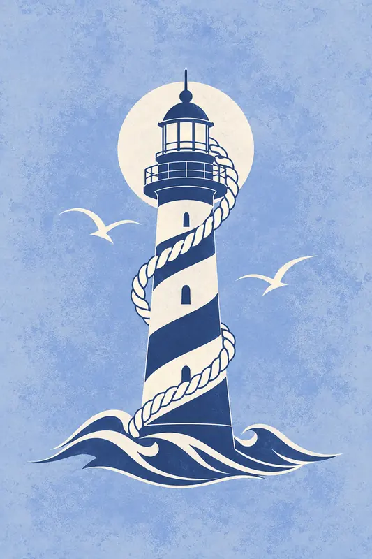 Navy-and-white striped lighthouse with a rope-wrapped tower above stylised waves on a blue sky.