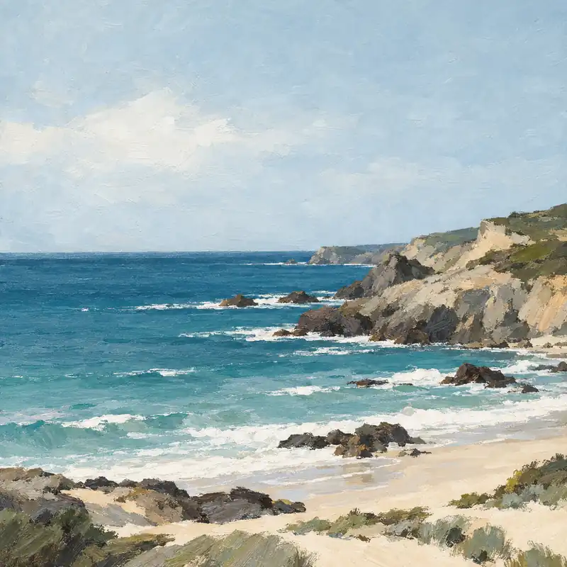 Painted rocky cliffs and sandy coves lining a bright blue sea with white surf.