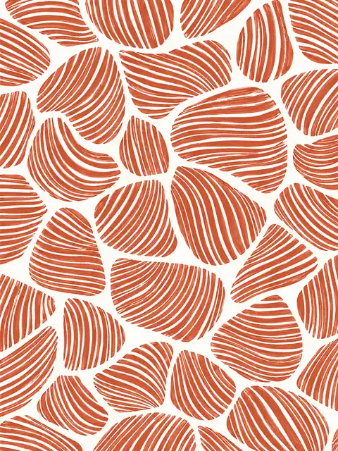 Terracotta pebble-like shapes filled with fine cream stripes on a pale background.