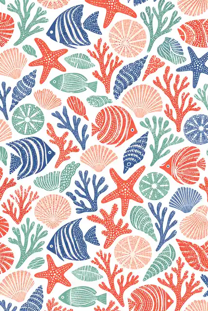 Dense repeat of fish, starfish, shells and coral in blue, coral, mint and pink on a cream ground.