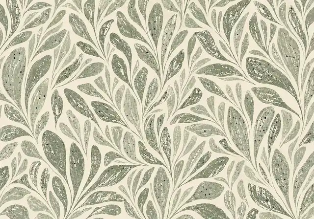 Repeating pattern of sage-green seaweed fronds with dotted texture on a cream background.
