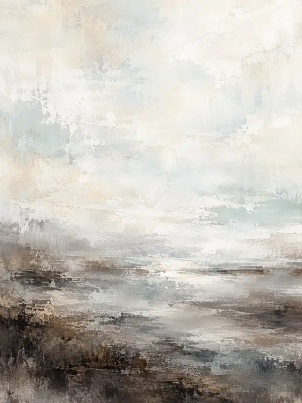 Textured abstract painting of pale grey and white bands drifting into charcoal at the base.