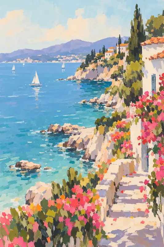 Painted Mediterranean coastline with a cliffside village, flowering shrubs, a sailboat and blue sea.