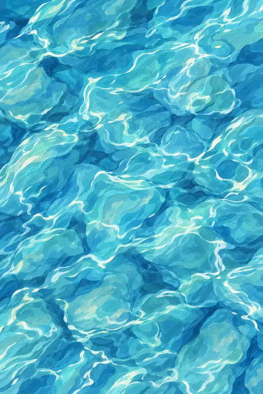 Stylised turquoise water surface with interlocking ripples and bright white highlights.